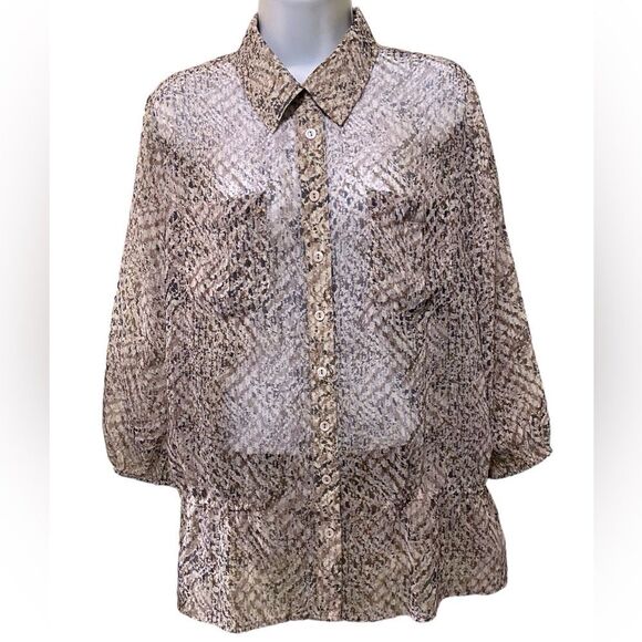 Sheer Chiffon Animal Print Button Up Blouse Elastic Waist Flowy Casual Office - Picture 1 of 11